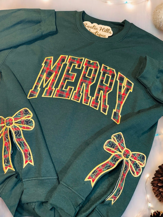 Merry Embroidered Sweatshirt - Dark green, red, and gold