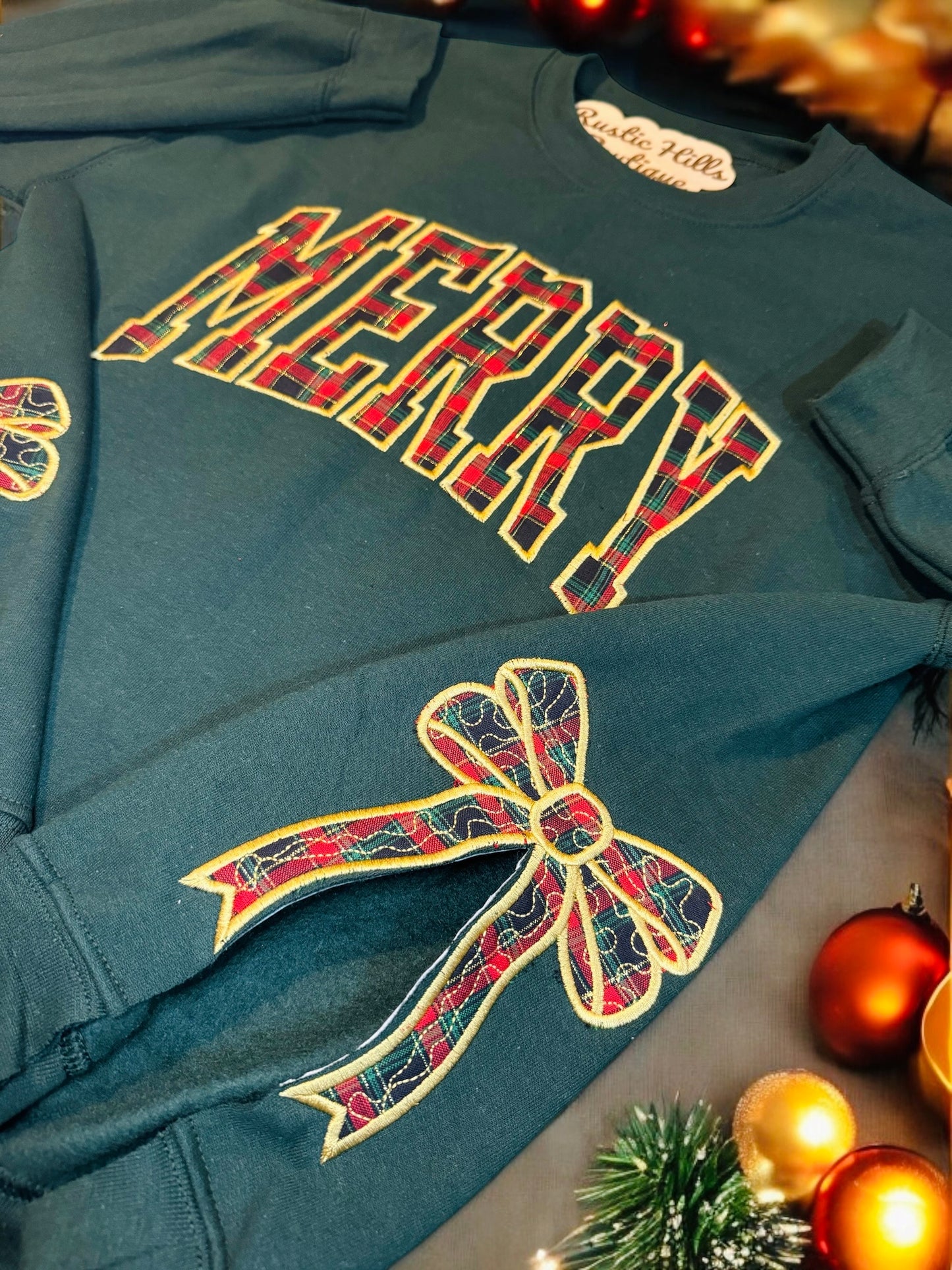 Merry Embroidered Sweatshirt - Dark green, red, and gold