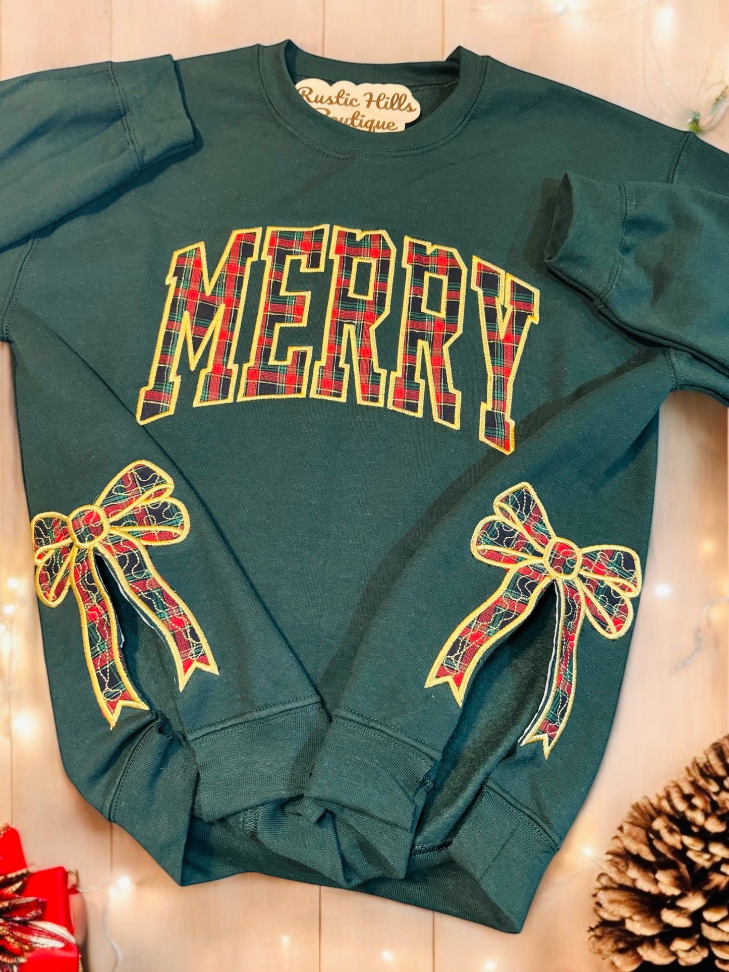 Merry Embroidered Sweatshirt - Dark green, red, and gold