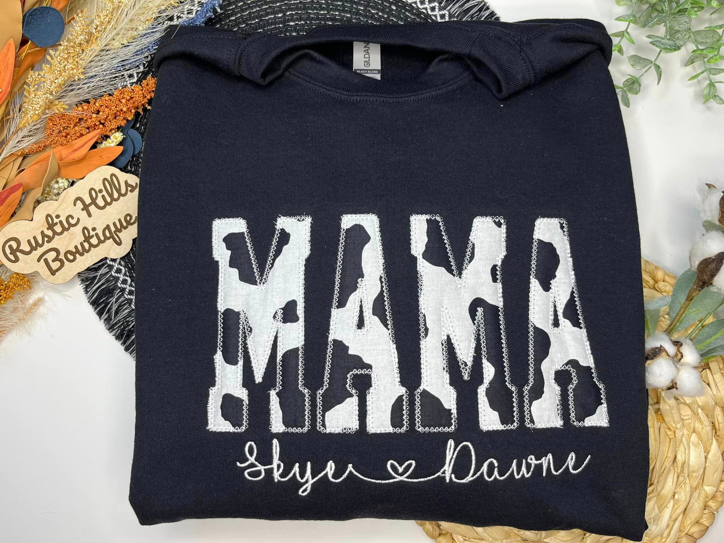 Mama Black & White Cow Print Embroidered Shirt